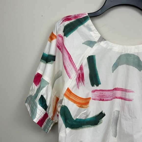ANTHROPOLOGIE X Aimee Clarke button back brushstroke print short sleeve blouse - Picture 5 of 14
